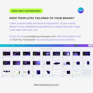 May include: A screenshot of a Canva design template library with a grid of 27 different templates. The templates are all dark purple and feature a variety of designs, including product spotlights, charts, and graphs. The text "Product Highlights Templates" is visible at the top of the screen.