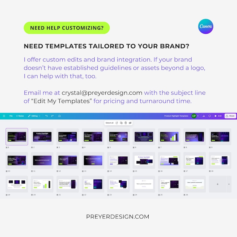 May include: A screenshot of a Canva design template library with a grid of 27 different templates. The templates are all dark purple and feature a variety of designs, including product spotlights, charts, and graphs. The text "Product Highlights Templates" is visible at the top of the screen.
