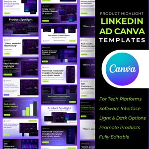May include: A collection of 12 customizable LinkedIn ad Canva templates for tech platforms. The templates feature a dark purple and green color scheme with a variety of graphics and text elements. The templates are fully editable and can be used to promote products, software interfaces, and other tech-related services.