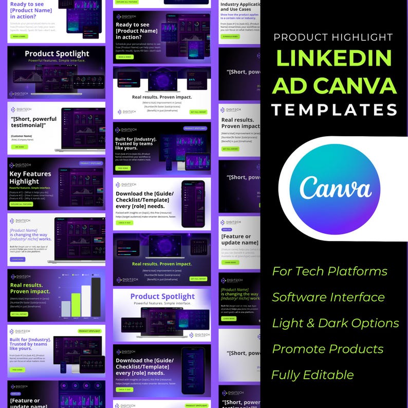 May include: A collection of 12 customizable LinkedIn ad Canva templates for tech platforms. The templates feature a dark purple and green color scheme with a variety of graphics and text elements. The templates are fully editable and can be used to promote products, software interfaces, and other tech-related services.