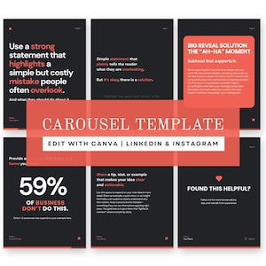 Può includere: Un modello di carosello con sfondo scuro e accenti corallo. Il modello include prompt di testo per LinkedIn e Instagram, con sezioni per dichiarazioni, soluzioni e suggerimenti utili. Progettato per Canva.