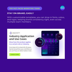 May include: A purple and blue digital marketing graphic with the text "Industry Application and Use Cases" and "DIGITECH" with a purple and blue phone screen showing a data visualization with the text "1,544" and "2,487".
