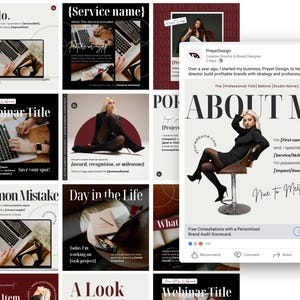 May include: A collection of social media posts with a consistent design. The posts feature text and images, including a laptop, a woman, and the words "Hello," "About Me," and "Webinar Title." The color scheme is primarily black, white, and beige.