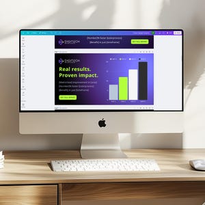 May include: A computer screen displaying a website with a graph and the text "Real results. Proven impact." The website is for a company called "Digitech".