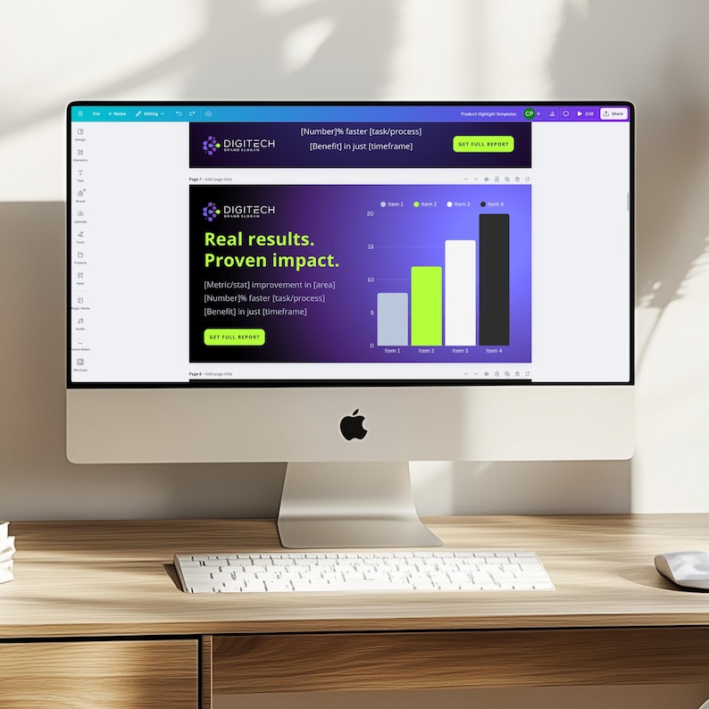 May include: A computer screen displaying a website with a graph and the text "Real results. Proven impact." The website is for a company called "Digitech".