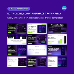 May include: A toolkit breakdown for creating marketing materials using Canva. The toolkit includes templates for product announcements, key features, industry applications, and testimonials. The templates feature a dark purple background with neon green and blue accents. The text "EDIT COLORS, FONTS, AND IMAGES WITH CANVA" is displayed in a large, bold font.