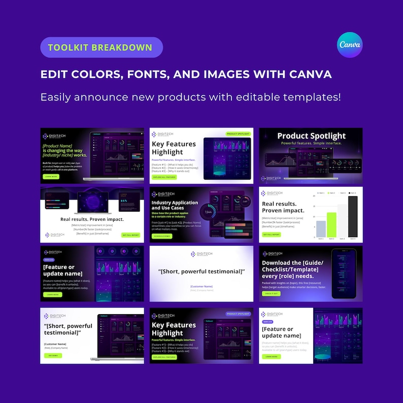May include: A toolkit breakdown for creating marketing materials using Canva. The toolkit includes templates for product announcements, key features, industry applications, and testimonials. The templates feature a dark purple background with neon green and blue accents. The text "EDIT COLORS, FONTS, AND IMAGES WITH CANVA" is displayed in a large, bold font.