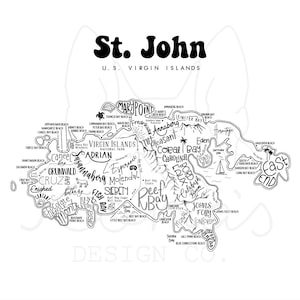 Mapa Ilustrado de São João - Impressão de São João - Mapa de Caligrafia - Mapa de São João - Presente das Ilhas Virgens - Mapa Cartográfico - Mapa Digital