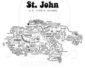 St John Illustrated Map - St John Print - Calligraphy Map - Map of St John - Virgin Islands Gift - Cartography Map - Digital Map