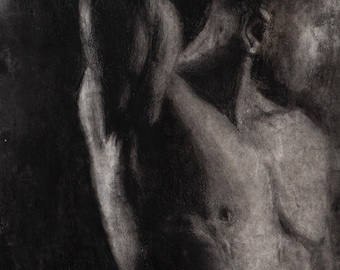 Jon - Dibujo original a carboncillo, retrato de hombre gay, selfie, arte queer