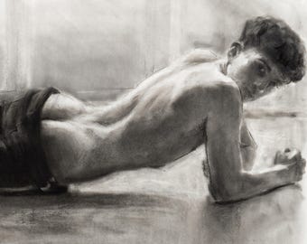 Francesco - Dibujo original a carboncillo, retrato de twink gay, selfie, arte queer