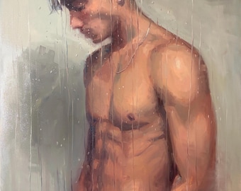 Sad Boy | Large Original Oil Painting Gay Twink Shower Portrait Queer Art