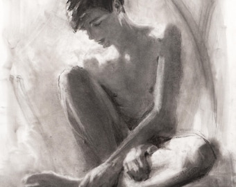 Limited Edition Gay Art Print - Male Nude Intimate Charcoal Twink Boy Portrait