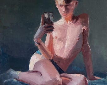 Alfie - Original Oil Painting Gay Twink Portrait Selfie Queer Art