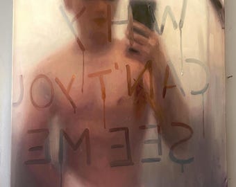 Original Oil Painting, Gay Identity Mirror Twink Boy Portrait, Queer Art