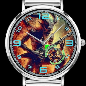 Custom music photo watch with stainless steel bracelet band and premium copper case, featuring personalized art design of your favorite singer, band, album, or idol. Ultra thin unisex watch with SEIKO quartz movement and SONY battery for accurate timekeeping. Unique personalized watch gift for him or her, perfect for rock, metal, punk, blues fans, band lovers, and music-inspired jewelry collectors.