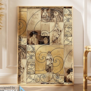 Op de afbeelding: Ingelijste kunstdruk met een sepia-getinte collage van Renaissance-figuren en geometrische patronen. Het kunstwerk zit in een houten lijst en wordt tentoongesteld tegen een witte muur. De print bevat de tekst "Designed by ARTHITEKT".