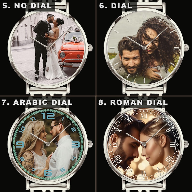 Personalized photo art watch gift for dad husband boyfriend memorial custom wristwatch.
Custom personalized wristwatch with photo art dial and stainless steel bracelet band.
Luxury personalized photo watch with hollow bracelet band and emotional custom design.
Custom memorial and family photo watch gift for him with modern luxury style.