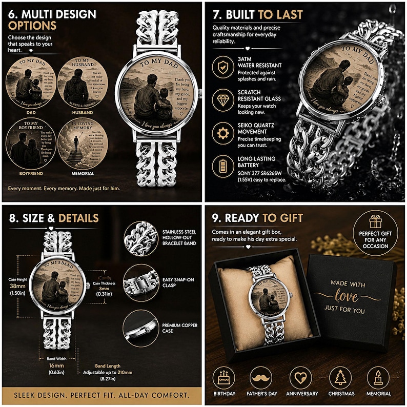 Personalized photo art watch gift for dad husband boyfriend memorial custom wristwatch.
Custom personalized wristwatch with photo art dial and stainless steel bracelet band.
Luxury personalized photo watch with hollow bracelet band and emotional custom design.
Custom memorial and family photo watch gift for him with modern luxury style.