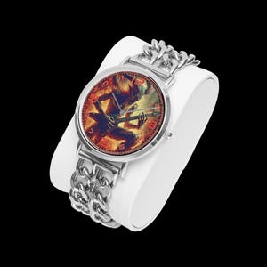Custom music photo watch with stainless steel bracelet band and premium copper case, featuring personalized art design of your favorite singer, band, album, or idol. Ultra thin unisex watch with SEIKO quartz movement and SONY battery for accurate timekeeping. Unique personalized watch gift for him or her, perfect for rock, metal, punk, blues fans, band lovers, and music-inspired jewelry collectors.