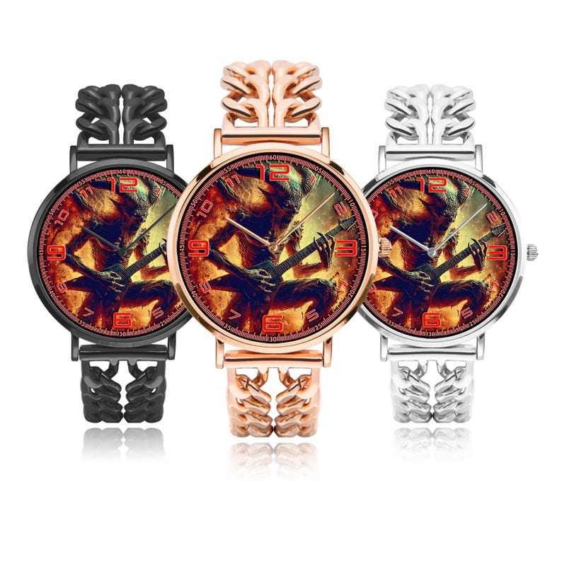 Custom music photo watch with stainless steel bracelet band and premium copper case, featuring personalized art design of your favorite singer, band, album, or idol. Ultra thin unisex watch with SEIKO quartz movement and SONY battery for accurate timekeeping. Unique personalized watch gift for him or her, perfect for rock, metal, punk, blues fans, band lovers, and music-inspired jewelry collectors.