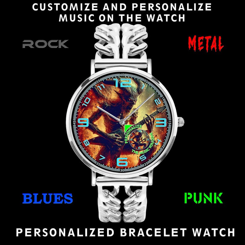 Custom music photo watch with stainless steel bracelet band and premium copper case, featuring personalized art design of your favorite singer, band, album, or idol. Ultra thin unisex watch with SEIKO quartz movement and SONY battery for accurate timekeeping. Unique personalized watch gift for him or her, perfect for rock, metal, punk, blues fans, band lovers, and music-inspired jewelry collectors.