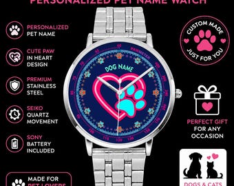 Orologio personalizzato con zampa di cane e cuore: regalo unisex personalizzato con nome dell'animale domestico, acciaio inossidabile, movimento al quarzo SEIKO.