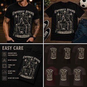 Emotionally Attached To 22 Strangers gothic football fan shirt featuring a frustrated skeleton sitting on a throne with a soccer ball, dark humor sports tee, gothic soccer shirt, vintage skeleton artwork, football lover gift, alternative fashion, dark academia style, soccer supporter apparel, unique football fan clothing, match day shirt, gothic sports design, unisex football t shirt.