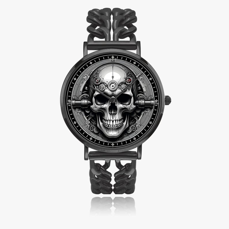 A black wristwatch with a skull and gears design on the face. The watch has a black metal band with a chain-link pattern.