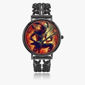 Custom music photo watch with stainless steel bracelet band and premium copper case, featuring personalized art design of your favorite singer, band, album, or idol. Ultra thin unisex watch with SEIKO quartz movement and SONY battery for accurate timekeeping. Unique personalized watch gift for him or her, perfect for rock, metal, punk, blues fans, band lovers, and music-inspired jewelry collectors.