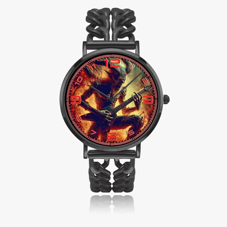Custom music photo watch with stainless steel bracelet band and premium copper case, featuring personalized art design of your favorite singer, band, album, or idol. Ultra thin unisex watch with SEIKO quartz movement and SONY battery for accurate timekeeping. Unique personalized watch gift for him or her, perfect for rock, metal, punk, blues fans, band lovers, and music-inspired jewelry collectors.