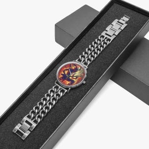 Custom music photo watch with stainless steel bracelet band and premium copper case, featuring personalized art design of your favorite singer, band, album, or idol. Ultra thin unisex watch with SEIKO quartz movement and SONY battery for accurate timekeeping. Unique personalized watch gift for him or her, perfect for rock, metal, punk, blues fans, band lovers, and music-inspired jewelry collectors.