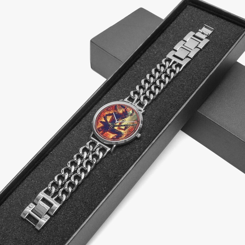 Custom music photo watch with stainless steel bracelet band and premium copper case, featuring personalized art design of your favorite singer, band, album, or idol. Ultra thin unisex watch with SEIKO quartz movement and SONY battery for accurate timekeeping. Unique personalized watch gift for him or her, perfect for rock, metal, punk, blues fans, band lovers, and music-inspired jewelry collectors.