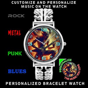 Custom music photo watch with stainless steel bracelet band and premium copper case, featuring personalized art design of your favorite singer, band, album, or idol. Ultra thin unisex watch with SEIKO quartz movement and SONY battery for accurate timekeeping. Unique personalized watch gift for him or her, perfect for rock, metal, punk, blues fans, band lovers, and music-inspired jewelry collectors.