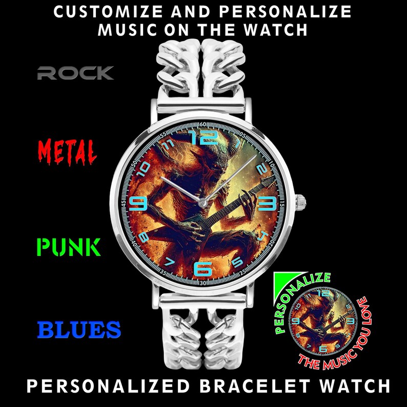 Custom music photo watch with stainless steel bracelet band and premium copper case, featuring personalized art design of your favorite singer, band, album, or idol. Ultra thin unisex watch with SEIKO quartz movement and SONY battery for accurate timekeeping. Unique personalized watch gift for him or her, perfect for rock, metal, punk, blues fans, band lovers, and music-inspired jewelry collectors.