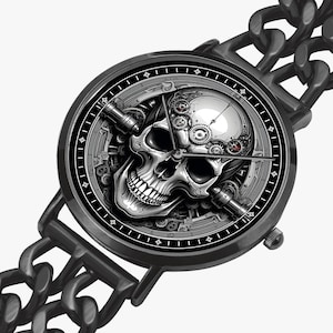 Black wristwatch with a silver skull and gears design on the face. The watch has a black metal band with a chain link design.