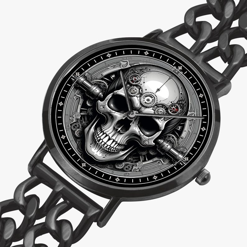 Black wristwatch with a silver skull and gears design on the face. The watch has a black metal band with a chain link design.
