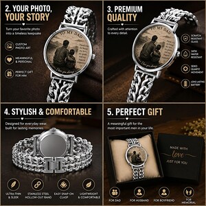 Personalized photo art watch gift for dad husband boyfriend memorial custom wristwatch.
Custom personalized wristwatch with photo art dial and stainless steel bracelet band.
Luxury personalized photo watch with hollow bracelet band and emotional custom design.
Custom memorial and family photo watch gift for him with modern luxury style.