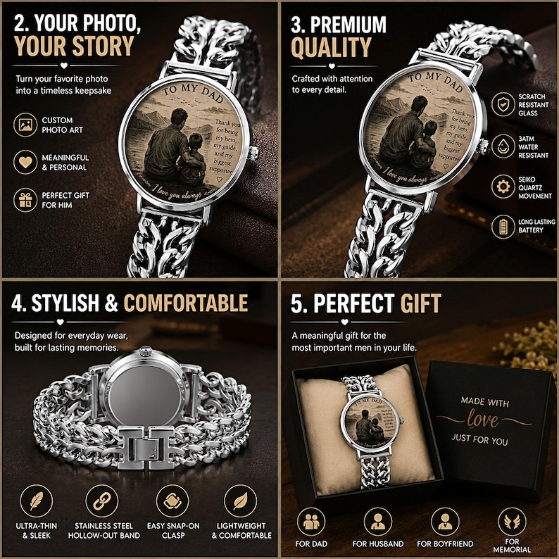 Personalized photo art watch gift for dad husband boyfriend memorial custom wristwatch.
Custom personalized wristwatch with photo art dial and stainless steel bracelet band.
Luxury personalized photo watch with hollow bracelet band and emotional custom design.
Custom memorial and family photo watch gift for him with modern luxury style.