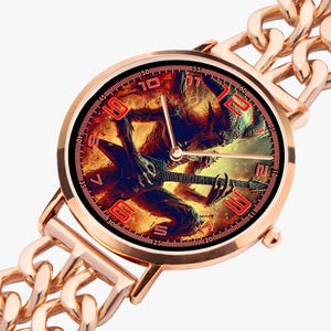 Custom music photo watch with stainless steel bracelet band and premium copper case, featuring personalized art design of your favorite singer, band, album, or idol. Ultra thin unisex watch with SEIKO quartz movement and SONY battery for accurate timekeeping. Unique personalized watch gift for him or her, perfect for rock, metal, punk, blues fans, band lovers, and music-inspired jewelry collectors.
