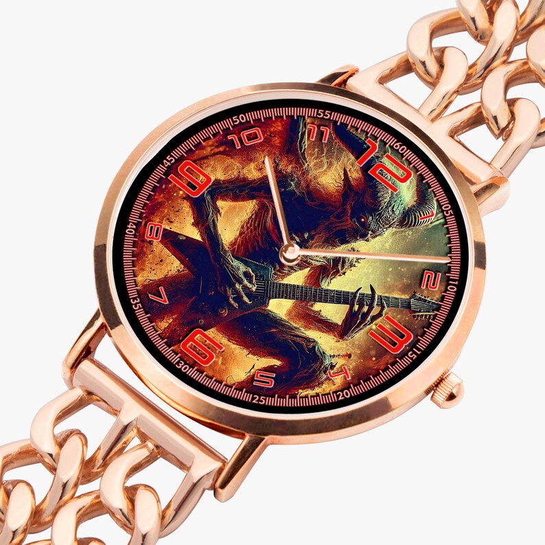 Custom music photo watch with stainless steel bracelet band and premium copper case, featuring personalized art design of your favorite singer, band, album, or idol. Ultra thin unisex watch with SEIKO quartz movement and SONY battery for accurate timekeeping. Unique personalized watch gift for him or her, perfect for rock, metal, punk, blues fans, band lovers, and music-inspired jewelry collectors.