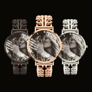 Personalized photo art watch gift for dad husband boyfriend memorial custom wristwatch.
Custom personalized wristwatch with photo art dial and stainless steel bracelet band.
Luxury personalized photo watch with hollow bracelet band and emotional custom design.
Custom memorial and family photo watch gift for him with modern luxury style.