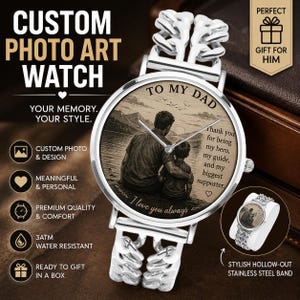 Personalized photo art watch gift for dad husband boyfriend memorial custom wristwatch.
Custom personalized wristwatch with photo art dial and stainless steel bracelet band.
Luxury personalized photo watch with hollow bracelet band and emotional custom design.
Custom memorial and family photo watch gift for him with modern luxury style.