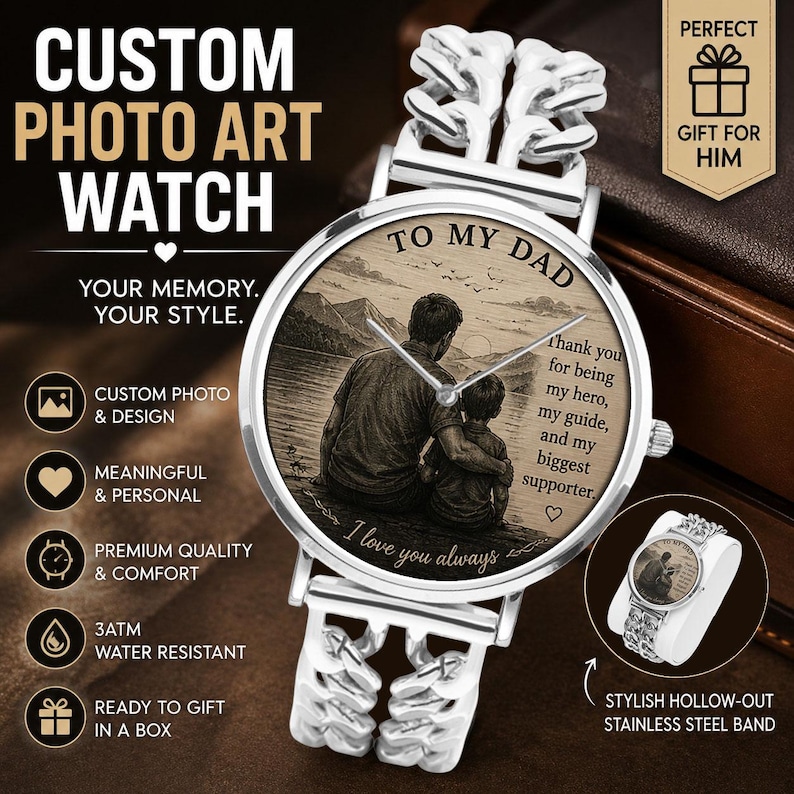 Personalized photo art watch gift for dad husband boyfriend memorial custom wristwatch.
Custom personalized wristwatch with photo art dial and stainless steel bracelet band.
Luxury personalized photo watch with hollow bracelet band and emotional custom design.
Custom memorial and family photo watch gift for him with modern luxury style.