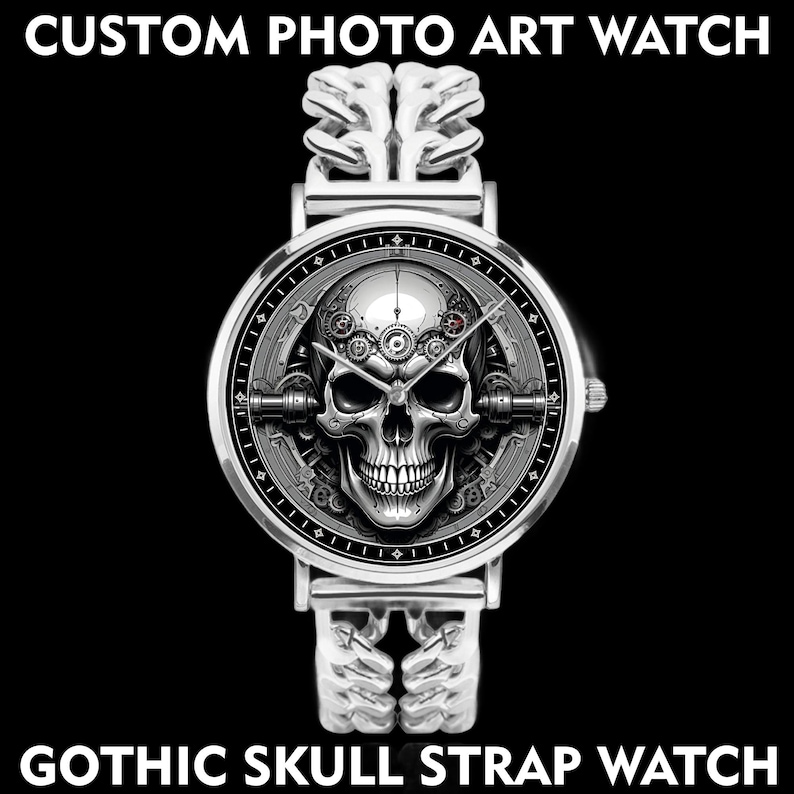 A silver wristwatch with a black face featuring a detailed illustration of a skull with gears and cogs. The watch band is a silver skull design.
