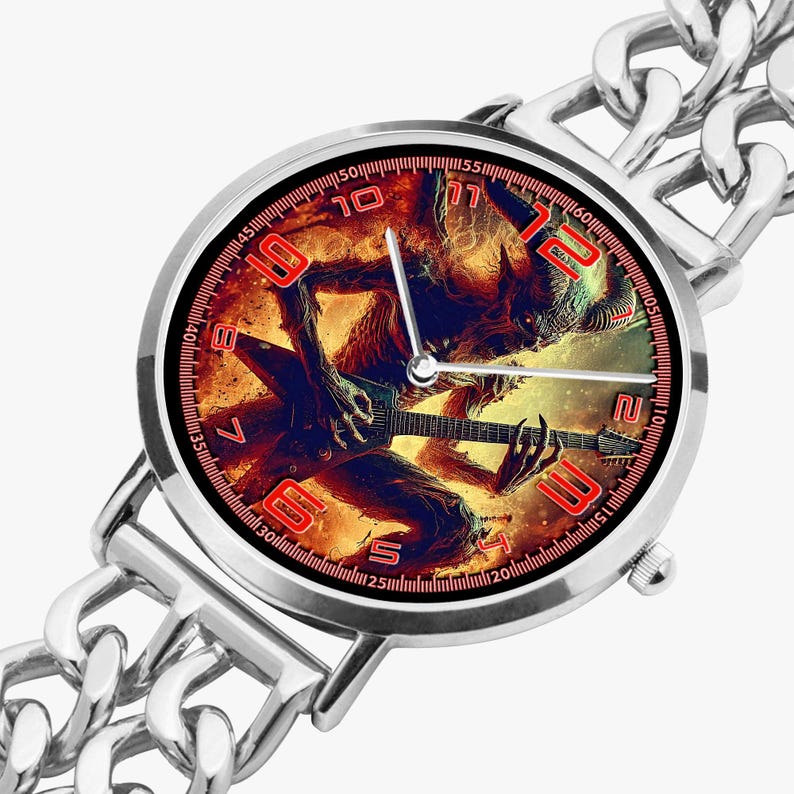 Custom music photo watch with stainless steel bracelet band and premium copper case, featuring personalized art design of your favorite singer, band, album, or idol. Ultra thin unisex watch with SEIKO quartz movement and SONY battery for accurate timekeeping. Unique personalized watch gift for him or her, perfect for rock, metal, punk, blues fans, band lovers, and music-inspired jewelry collectors.