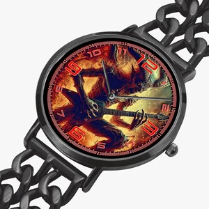 Custom music photo watch with stainless steel bracelet band and premium copper case, featuring personalized art design of your favorite singer, band, album, or idol. Ultra thin unisex watch with SEIKO quartz movement and SONY battery for accurate timekeeping. Unique personalized watch gift for him or her, perfect for rock, metal, punk, blues fans, band lovers, and music-inspired jewelry collectors.