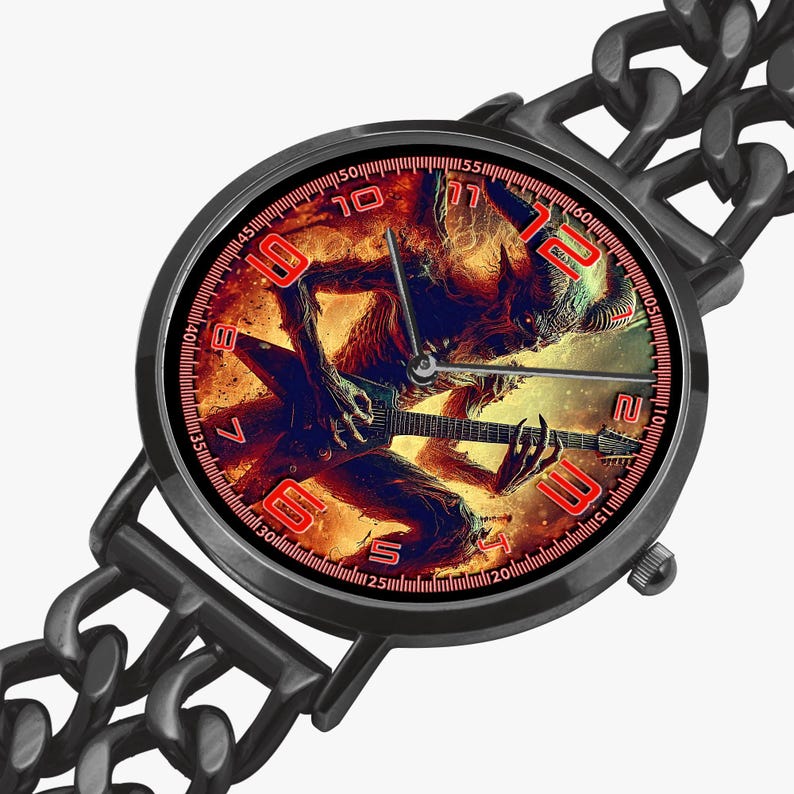 Custom music photo watch with stainless steel bracelet band and premium copper case, featuring personalized art design of your favorite singer, band, album, or idol. Ultra thin unisex watch with SEIKO quartz movement and SONY battery for accurate timekeeping. Unique personalized watch gift for him or her, perfect for rock, metal, punk, blues fans, band lovers, and music-inspired jewelry collectors.