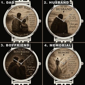 Personalized photo art watch gift for dad husband boyfriend memorial custom wristwatch.
Custom personalized wristwatch with photo art dial and stainless steel bracelet band.
Luxury personalized photo watch with hollow bracelet band and emotional custom design.
Custom memorial and family photo watch gift for him with modern luxury style.