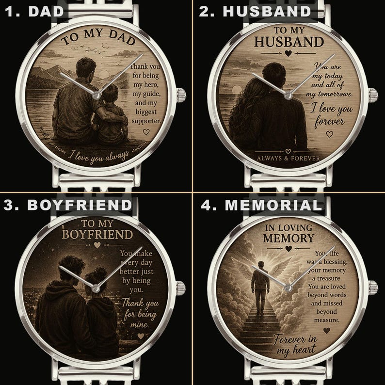Personalized photo art watch gift for dad husband boyfriend memorial custom wristwatch.
Custom personalized wristwatch with photo art dial and stainless steel bracelet band.
Luxury personalized photo watch with hollow bracelet band and emotional custom design.
Custom memorial and family photo watch gift for him with modern luxury style.